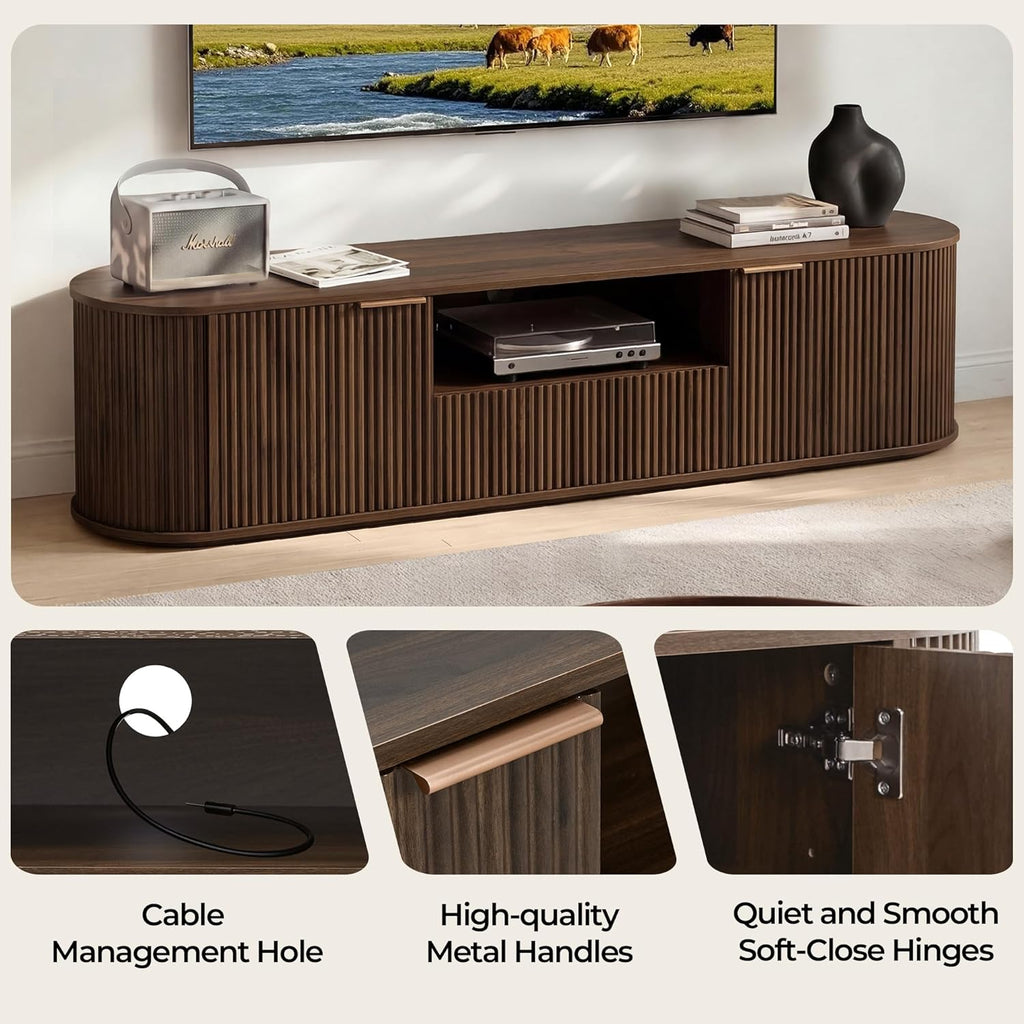 CHITA 70" Fluted TV Stands for Living Room for TVs Up to 80", Mid Century Modern Entertainment Center with Drawers, TV Console for Living Room with Storage and Adjustable Shelves, Walnut
