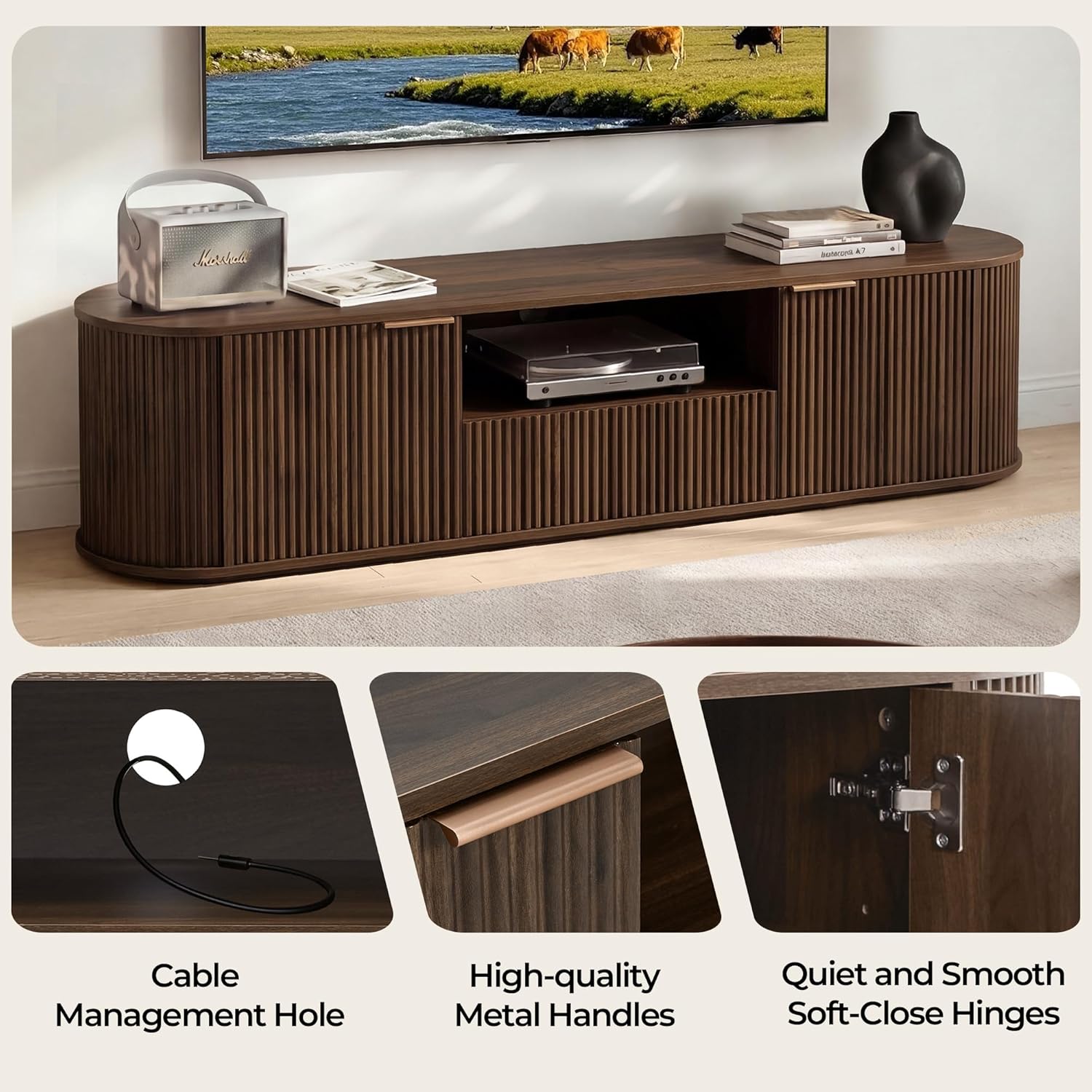 CHITA 70" Fluted TV Stands for Living Room for TVs Up to 80", Mid Century Modern Entertainment Center with Drawers, TV Console for Living Room with Storage and Adjustable Shelves, Walnut