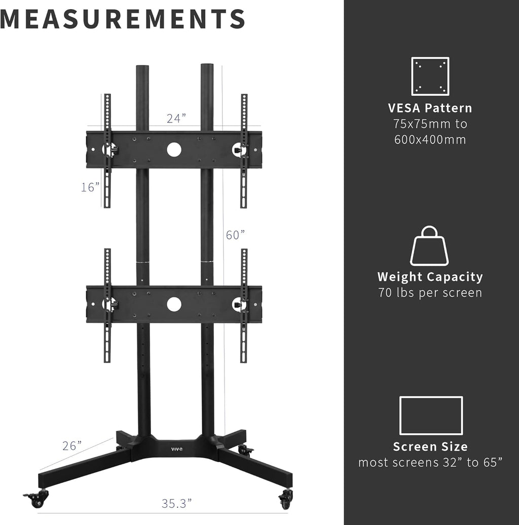 VIVO Mobile TV Cart for 32 to 65 inch Dual Screens up to 70 lbs Each, LCD LED OLED 4K Smart Flat and Curved Panels, Rolling Stand for 2 TV's, Locking Wheels, Max VESA 600x400, Black, STAND-TV03E2