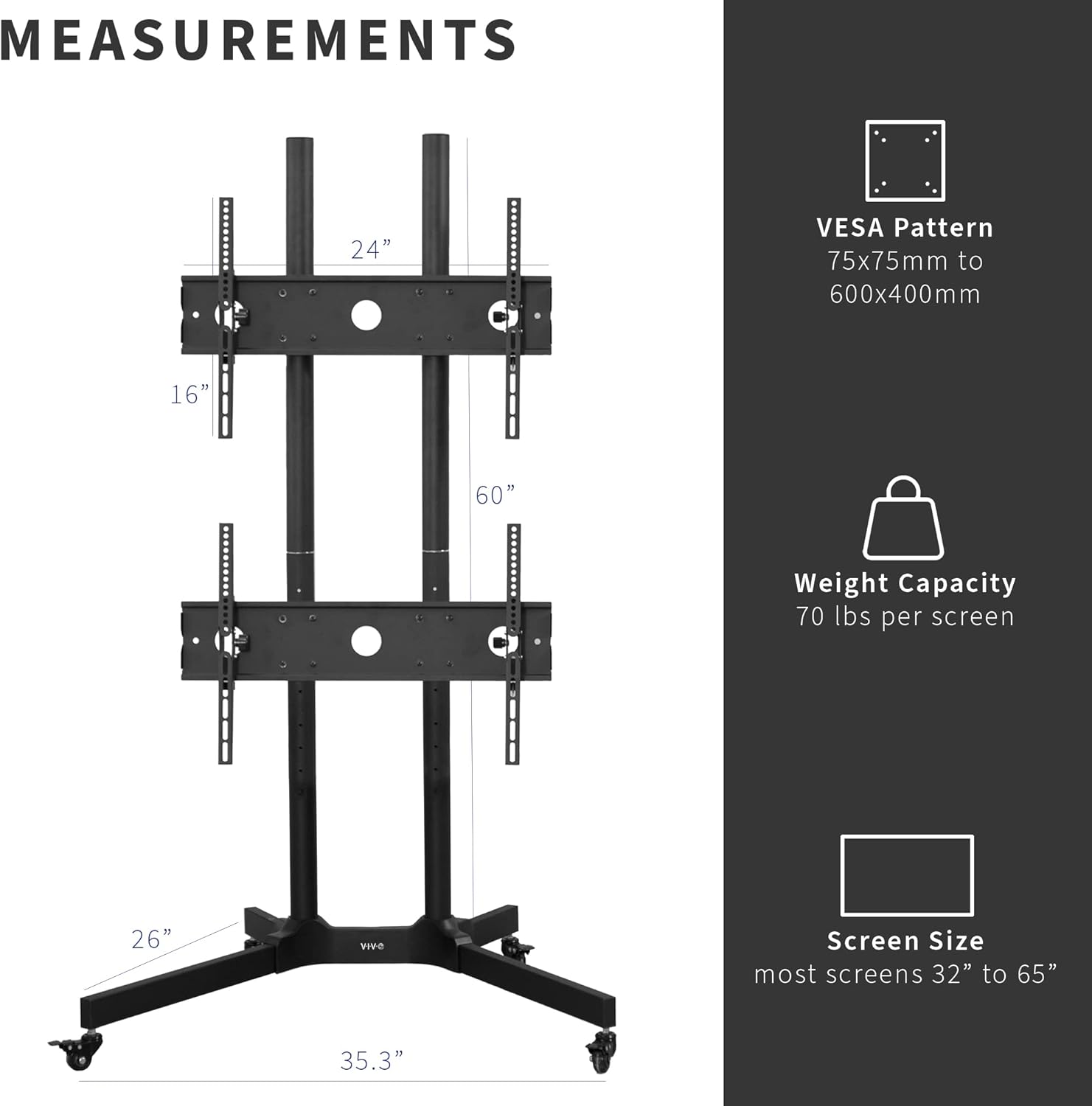 VIVO Mobile TV Cart for 32 to 65 inch Dual Screens up to 70 lbs Each, LCD LED OLED 4K Smart Flat and Curved Panels, Rolling Stand for 2 TV's, Locking Wheels, Max VESA 600x400, Black, STAND-TV03E2