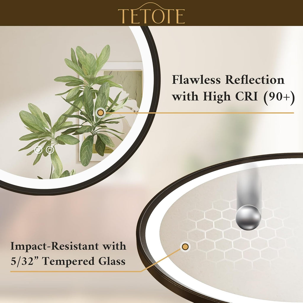 TETOTE Round Led Lighted Bathroom Mirror Matte Black Frame 24 Inch Front and Backlit Circle Round Light up Vanity Mirror with Lights, 3 Color Illuminated Dimmable Anti Fog Wall Mount, IP54 CRI 90+