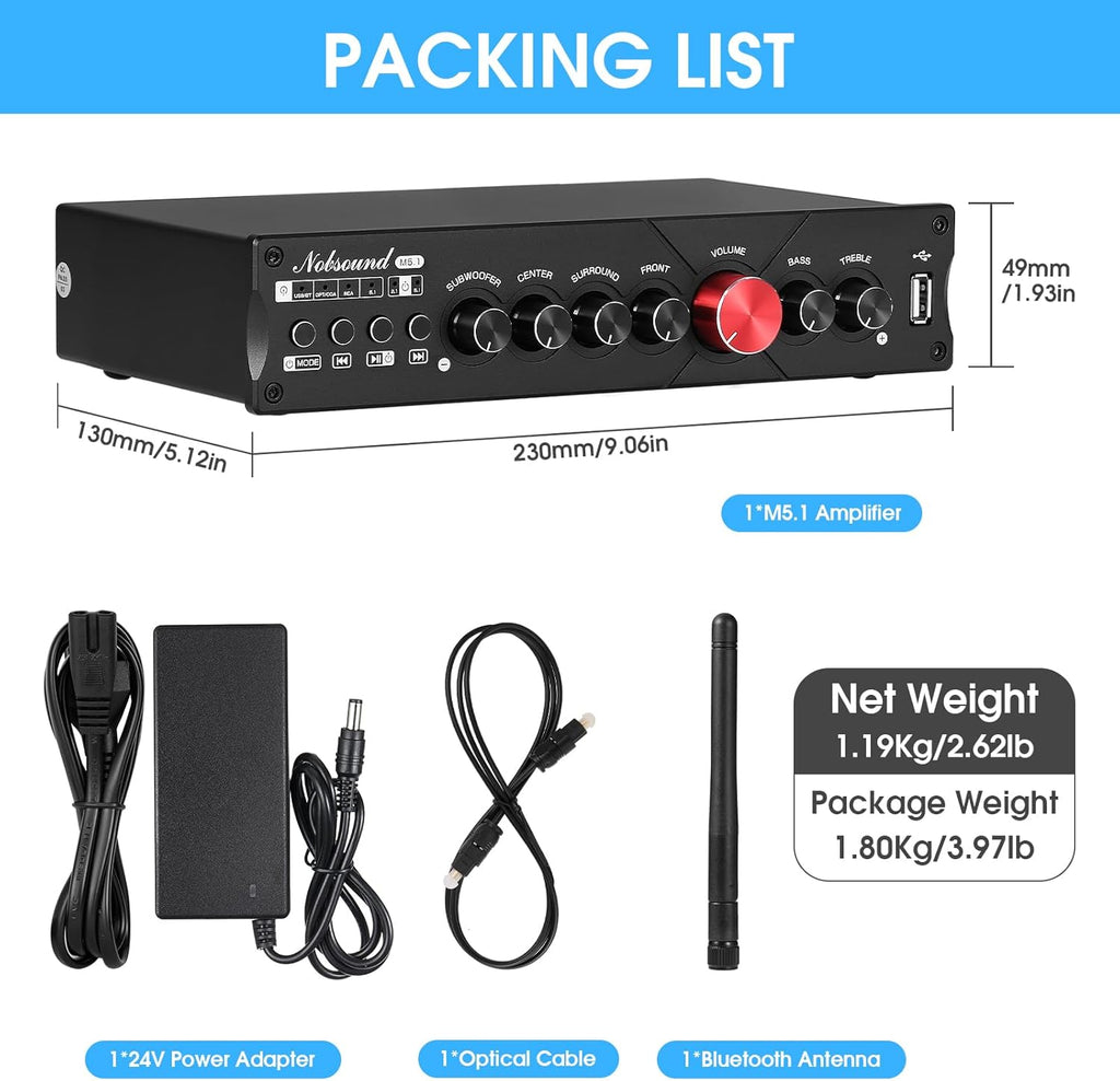 Nobsound HiFi 5.1 Channel Bluetooth Amplifier Stereo Home Theater Power Amp Subwoofer Amp