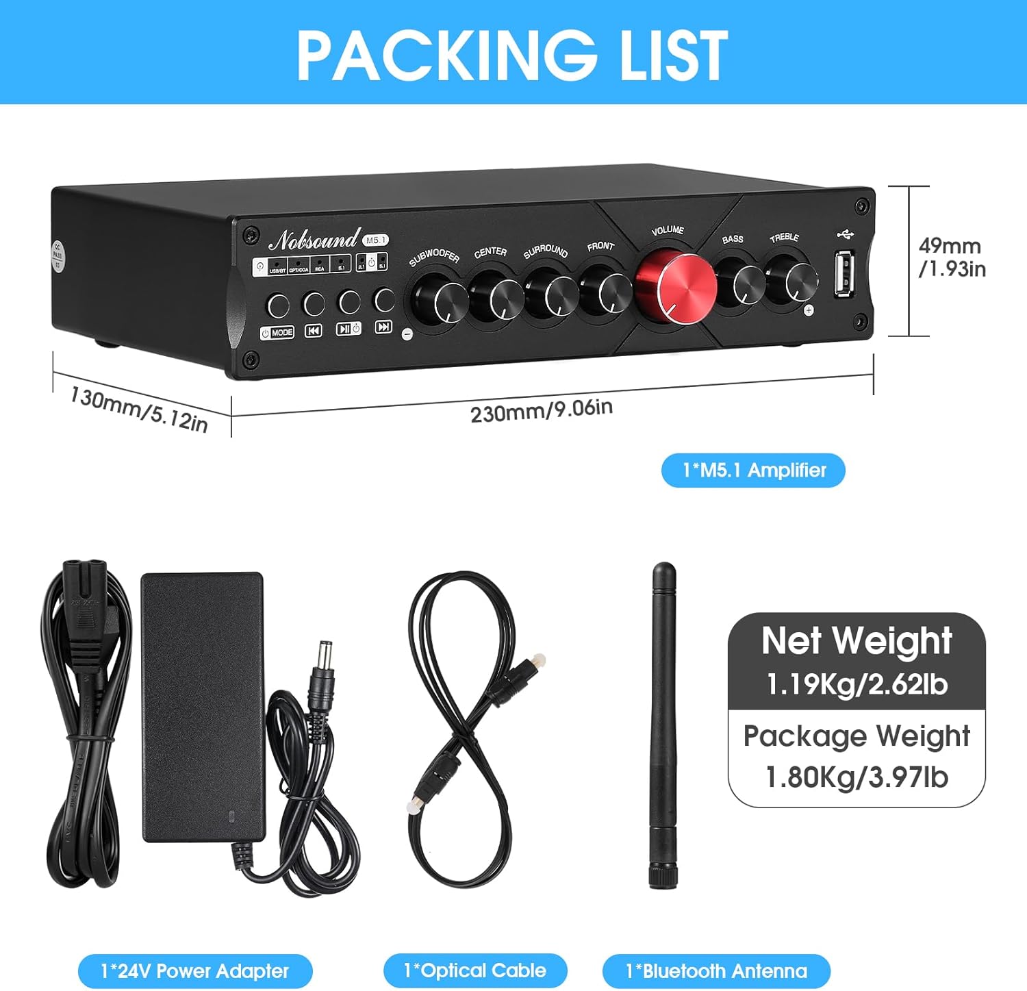 Nobsound HiFi 5.1 Channel Bluetooth Amplifier Stereo Home Theater Power Amp Subwoofer Amp