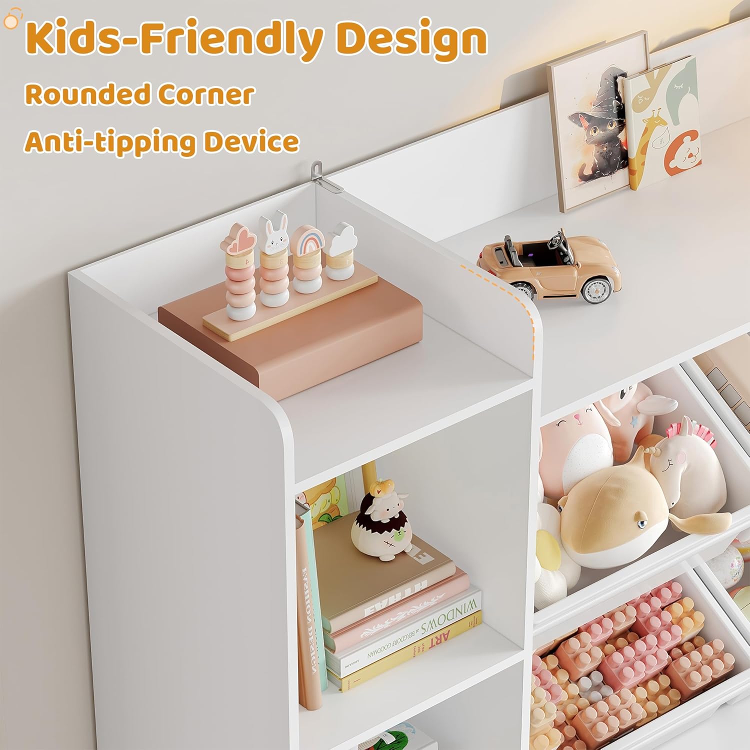 Toy Storage Organizer, Toy Organizer with 4 Movable Drawers and 4 Box Bins, Kids Playroom Storage Organization with Hidden Wheels for Living Room, Kids Room