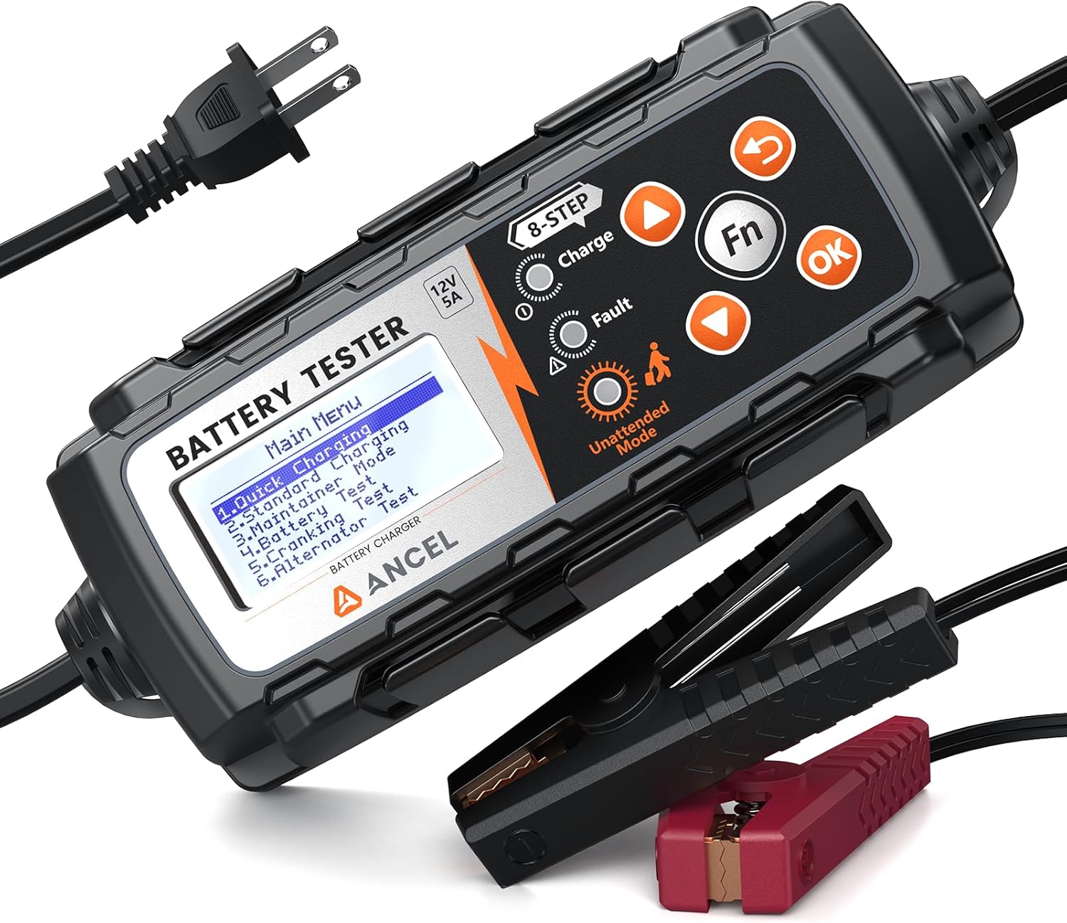ANCEL BT521 4-in-1 Car Battery Charger, Tester, Maintainer and Desulfator for 12V Lead-Acid Batteries, 5A Smart Trickle Charger with Overcharge Protection & Temperature Compensation, LCD Display