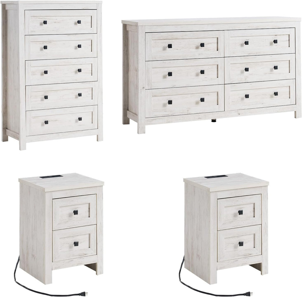 LUXOAK 4 Pieces Farmhouse Bedroom Set, 1 X Wood Rustic 6 Drawer Storage Dresser, 1 X 5 Drawer Dresser, Nightstand Set of 2 with Charging Station, Farmhouse Bedroom Furniture Set, Rustic White