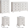 LUXOAK 4 Pieces Farmhouse Bedroom Set, 1 X Wood Rustic 6 Drawer Storage Dresser, 1 X 5 Drawer Dresser, Nightstand Set of 2 with Charging Station, Farmhouse Bedroom Furniture Set, Rustic White