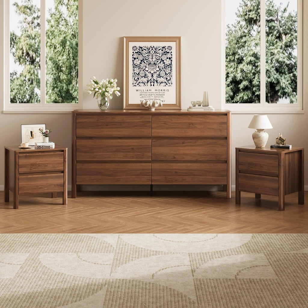 MAISONARIA Walnut 3-Piece Dresser Bedroom Set, 6 Drawers Dresser & 2 Drawer Nightstands with Hidden Handles, Wood Chest of Drawers for Bedroom, Living Room, Entryway