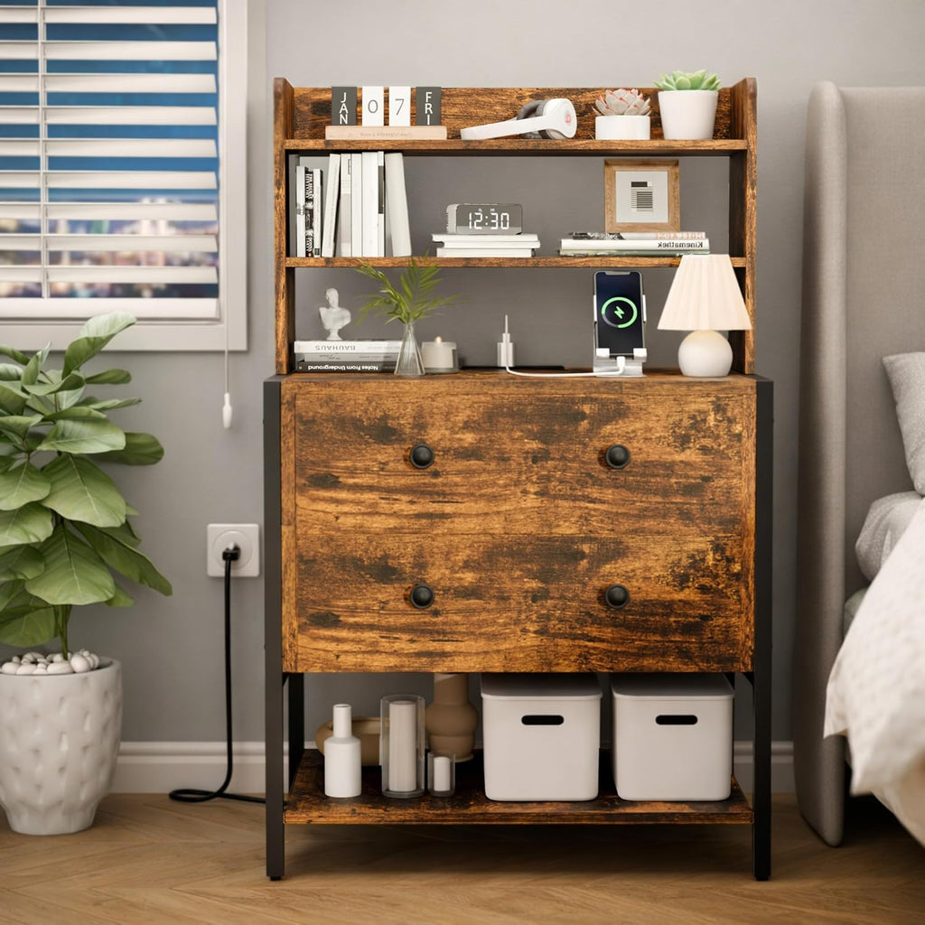 24 Inch Wide Night Stand, Large Wooden Night Stand with 2 Adjustable Drawes, Tall Nightstand with 4-Tier Shelves and Charging Station, Bedside Table for Living Room/Bedroom/Office, Retro.