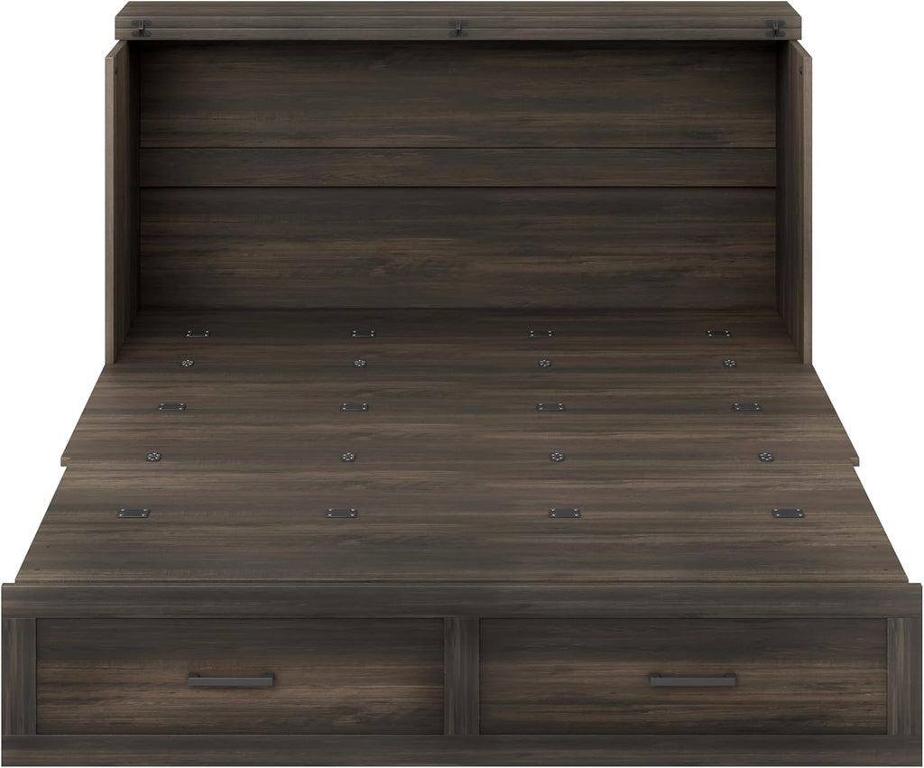 Bellemave Queen Murphy Bedframe, Cabinet Bed with Charging Station and Storage, Farmhouse Murphy Cabinet with Foldable Panel, Noisy Free, for Guest Bedroom, Living Room, Office, Rustic Gray