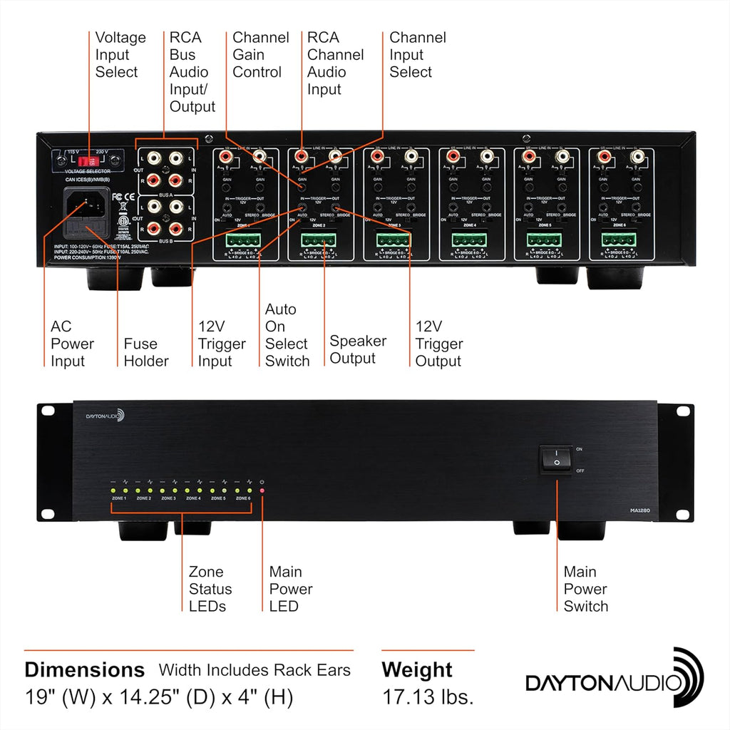 Dayton Audio MA1280 Multi-Zone 12-Channel Class-D Amplifier, 12 x 80W (160W Bridged), 6 Stereo Zones, 8 Inputs, Rack-Mountable