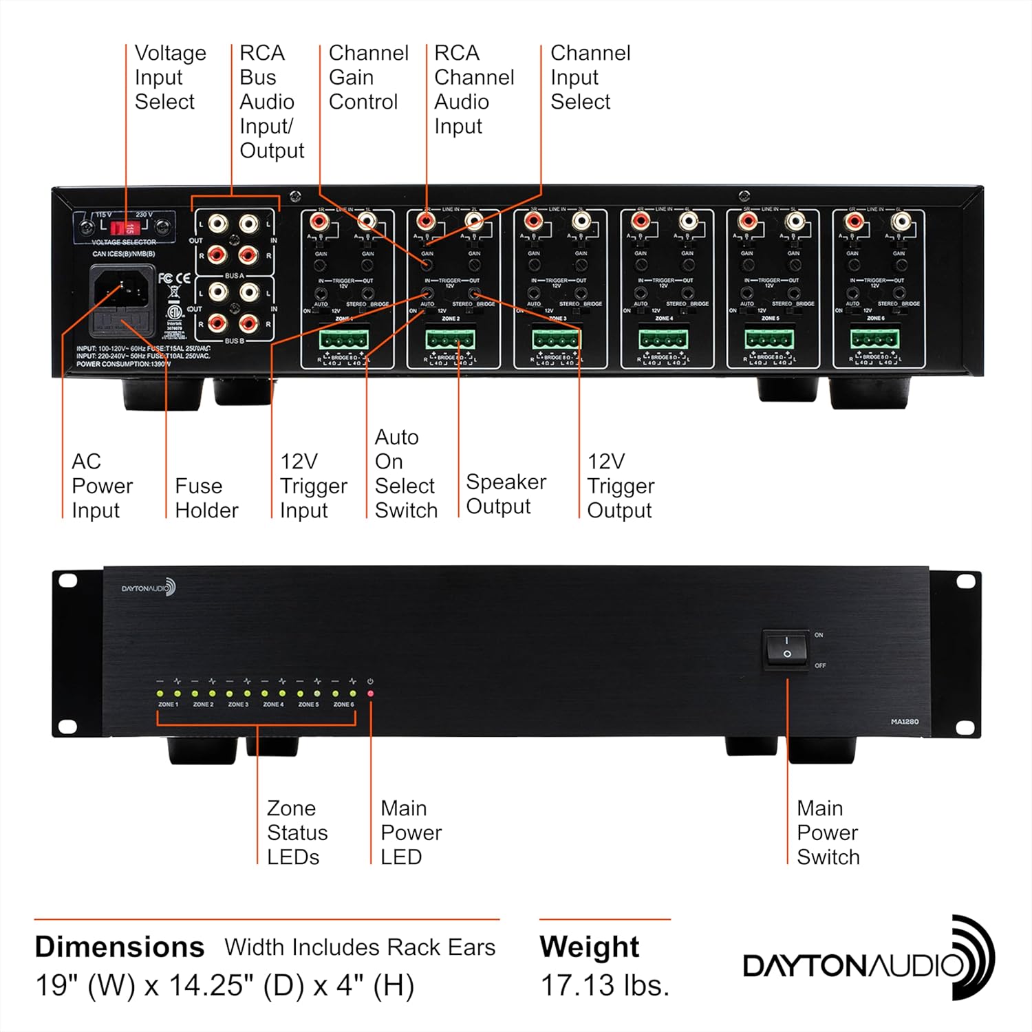 Dayton Audio MA1280 Multi-Zone 12-Channel Class-D Amplifier, 12 x 80W (160W Bridged), 6 Stereo Zones, 8 Inputs, Rack-Mountable