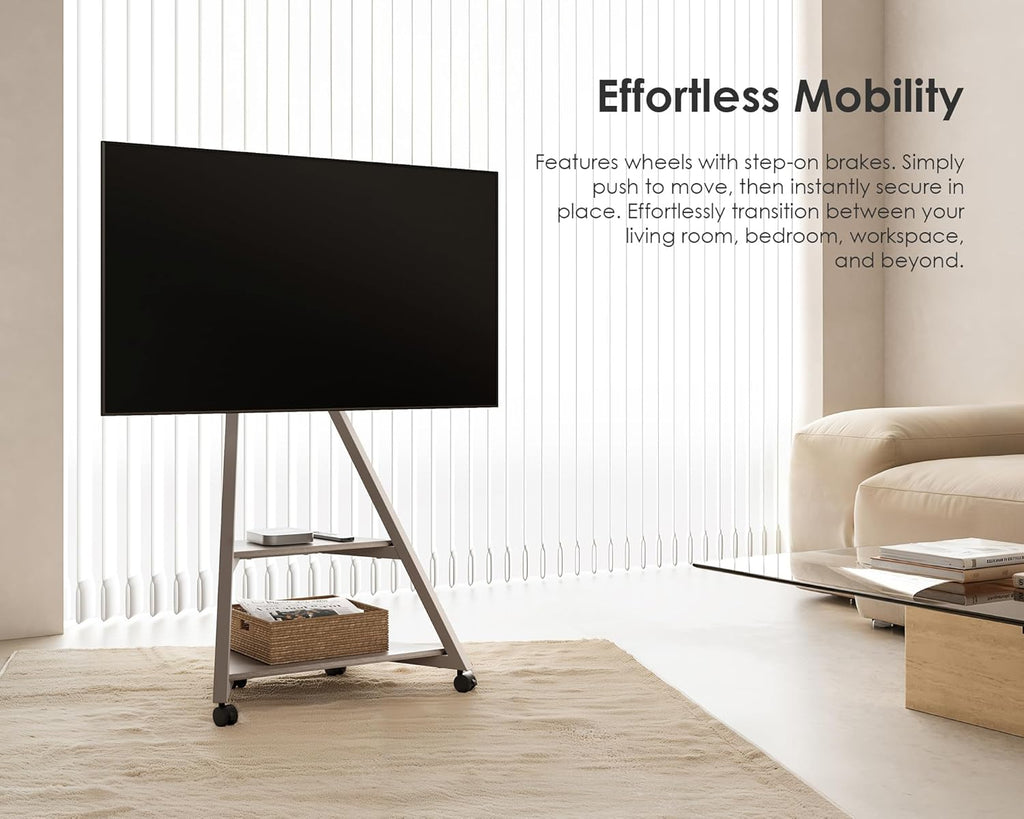 FITUEYES Design Corner TV Stand for 32 43 50 55 65 Inch TVs, Small Spaces Floor TV Stand Rolling TV Cart for LCD/LED Flat Curved Screens, Modern Living Room TV Stands, Eiffel Series, Morandi Grey