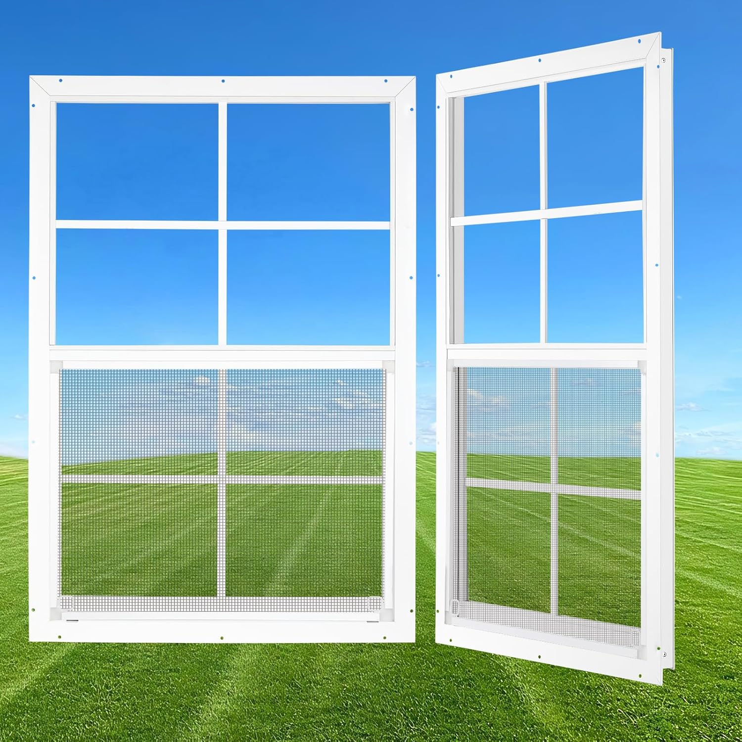 24" x 36" Shed Windows 2 Pack, Small Sliding Window with Tempered Glass & Metal Mesh Screen, Flush Mount Windows for Shed Chicken Coop Barn Household Garage Basement Cabin Playhouse