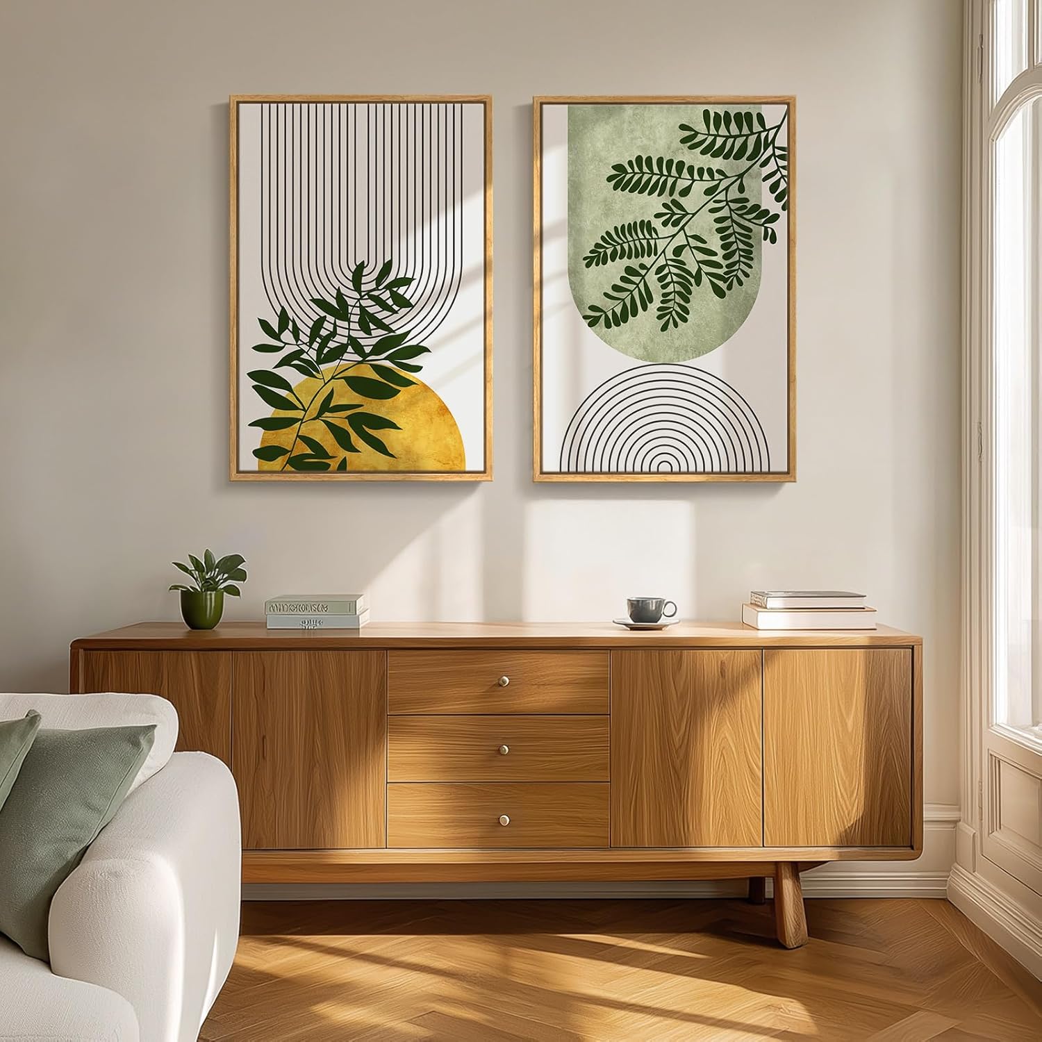 Large Framed Green Boho Wall Art Set of 2 for Living Room, Mid Century Modern Bohemian Botanical Geometric Artwork for Walls, Neutral Canvas Painting Print Wall Decor for Bedroom Home Office, 24x36 In