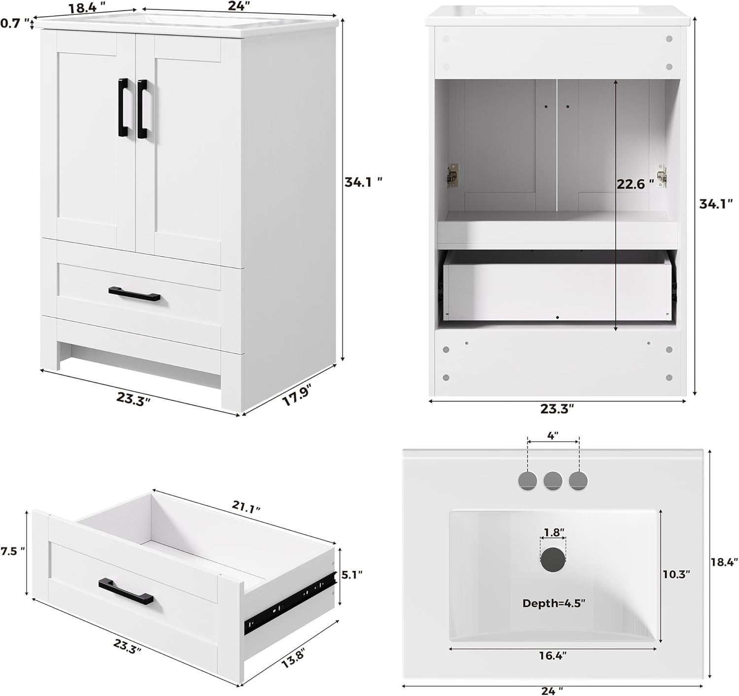 IRONCK 24" Bathroom Vanity with Sink, Freestanding Bathroom Cabinet Vanity with Soft-Close Doors & Storage Drawer, Modern Design for Small Bathrooms, Undermount Ceramic Sink, Easy Assembly, White