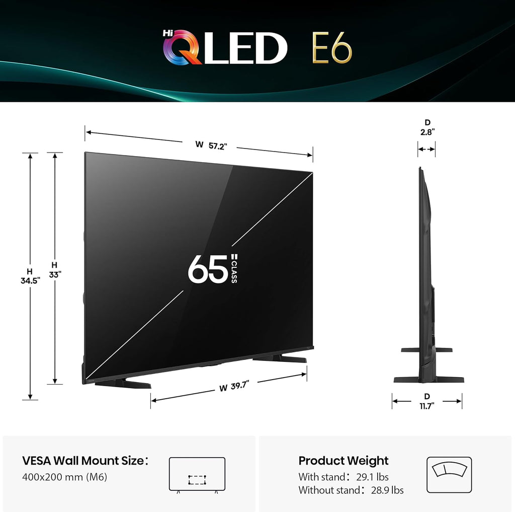 Hisense 65" E6 Cinema Series Hi-QLED 4K UHD Smart Fire TV (65E6QF, 2025 Model) -AI Light Sensor, Dolby Vision · Atmos, Voice Remote with Alexa, Motion Rate 120, HDR 10+ Adaptive, Game Mode Plus