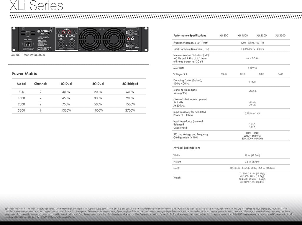 Crown XLi800 Two-channel, 600-Watt Bridged 8Ω Power Amplifier. Professional DJ, PA, Stage Amp. Black
