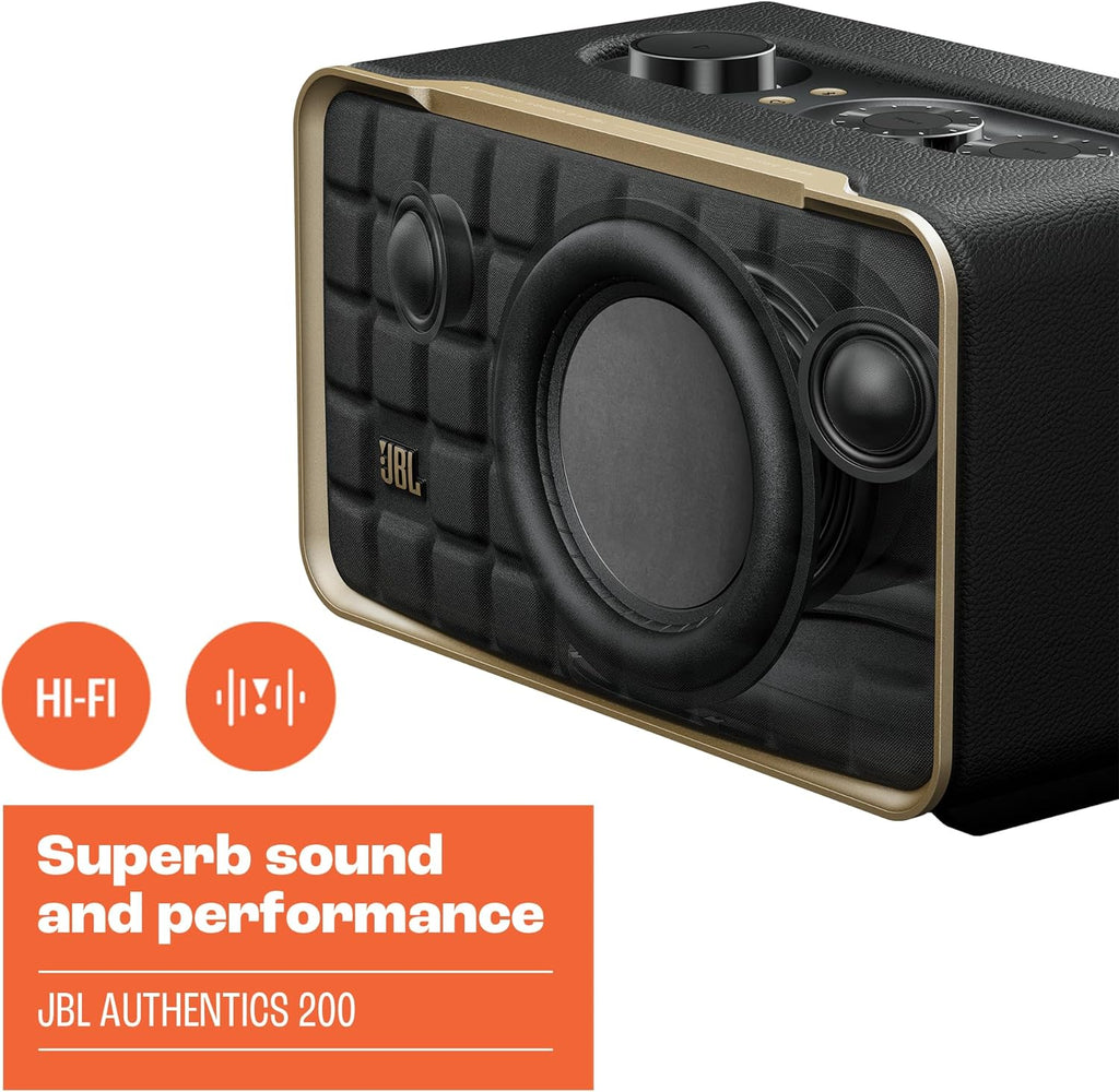 JBL Authentics 200 - Retro Style Smart Home Speaker with Built in Wi-Fi, Bluetooth and Voice Assistants, Alexa and Google Assistant, Multi-Room Playback, Automatic self tuning (Black/Gold)