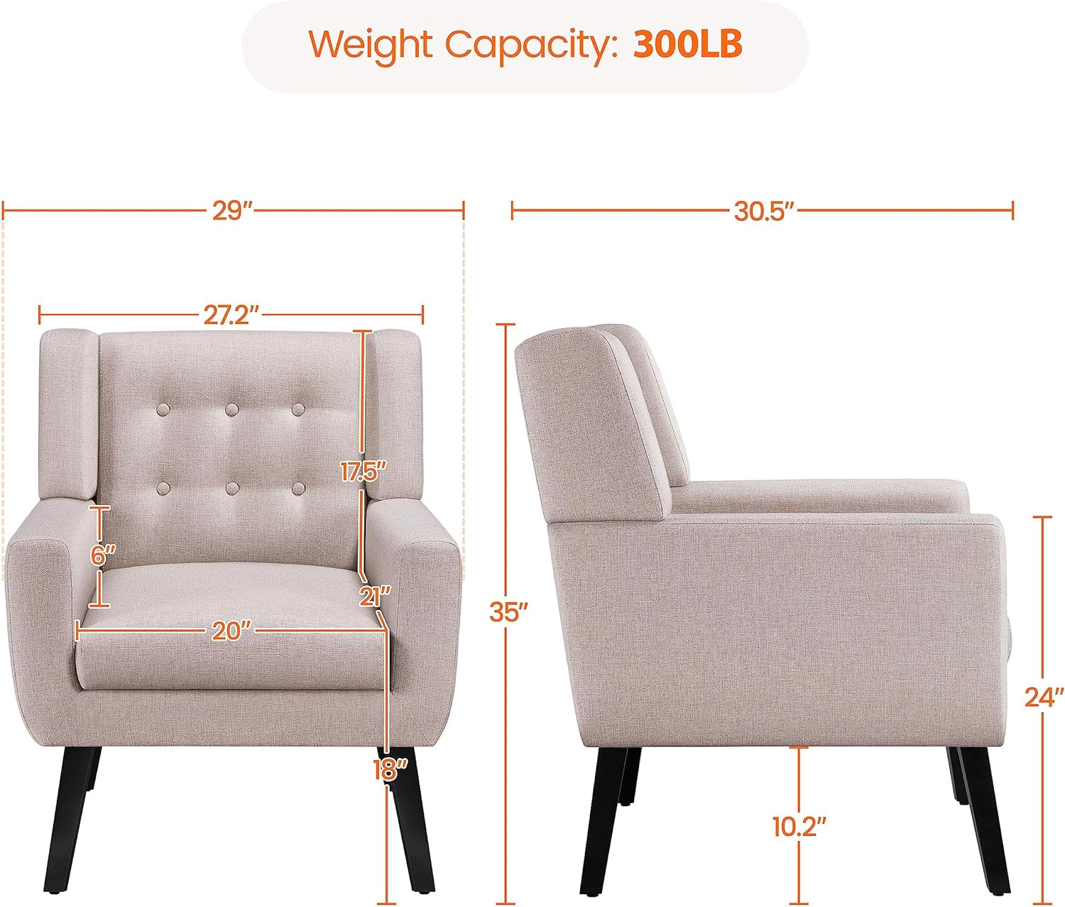 Yaheetech Accent Chair, Modern Button Tufted Armchair, Linen Fabric Sofa Chairs for Living Room Bedroom, Mid-Century Comfy Reading Chair, Beige