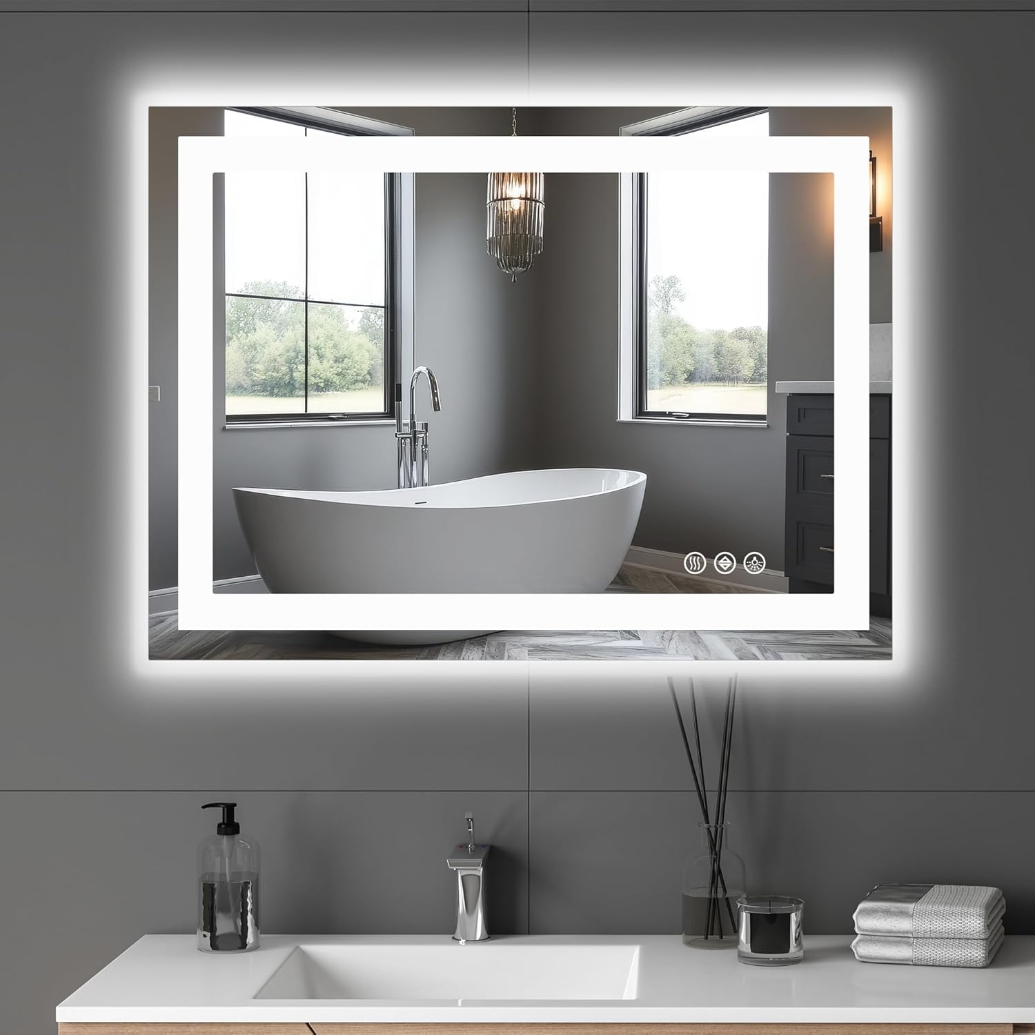 NEWBULIG 36"x36" Smart Anti-Fog LED Bathroom Mirror with Front Light & Backlit, 3 Color Modes, Dimmable, Memory Function, Wall-Mounted Modern Rectangular Vanity Mirror, White