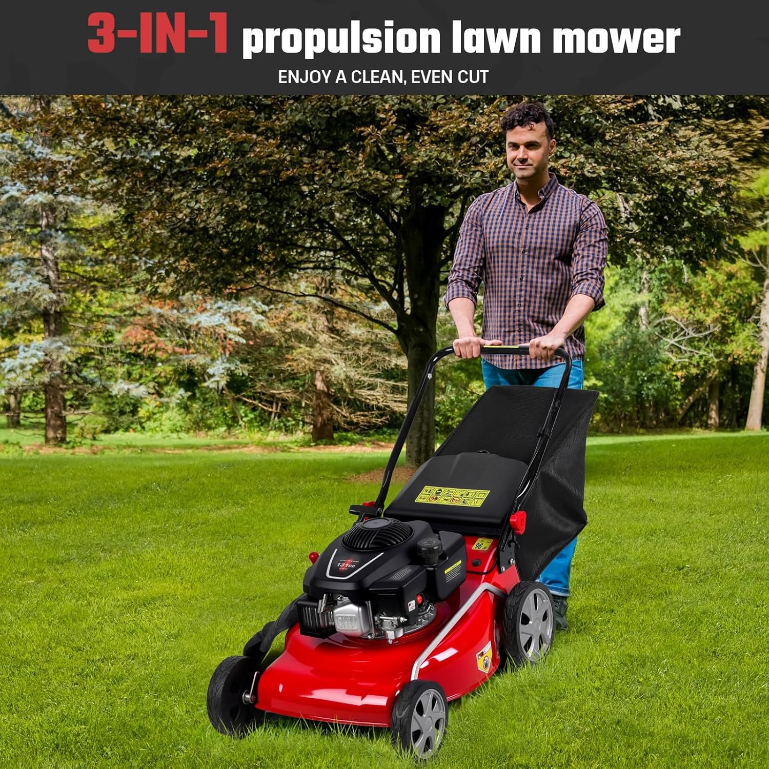 18" Lawn Mowers, 3 in 1 Self-Propelled Cordless Lawn Mower, 131cc Walk-Behind Push Gas Lawn-Mower with 50L Grass Bag, Heavy-Duty Gas Powered Lawnmower for Gardening Care Lawns Maintenance Yard Trimme