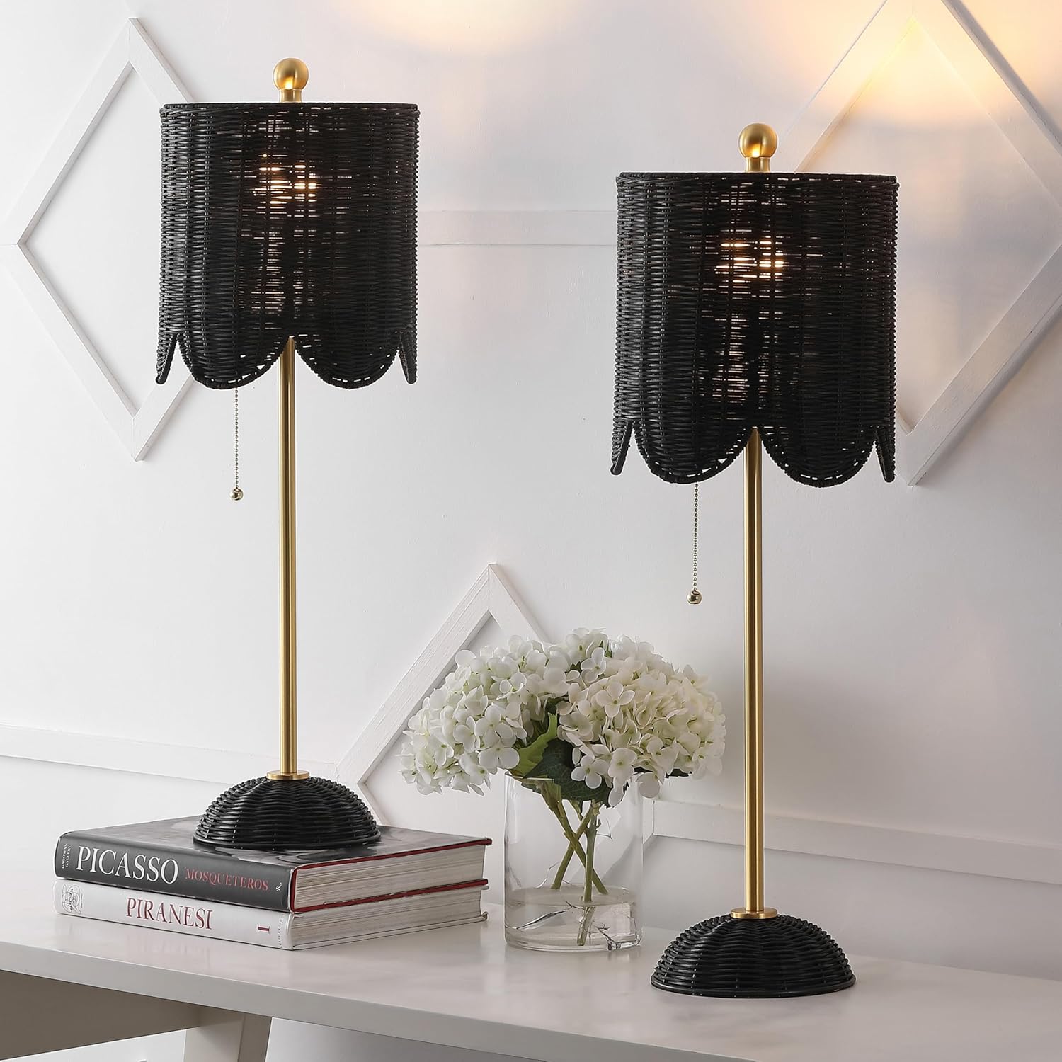 JONATHAN Y 27.5" Black/Brass Gold Coastal Buffet Table Lamp Set of 2 for Bedroom, Boho Table Lamps with Natural Rattan Scalloped Shade, Pull Chain, LED Bulbs Included (JYL1138C-SET2)