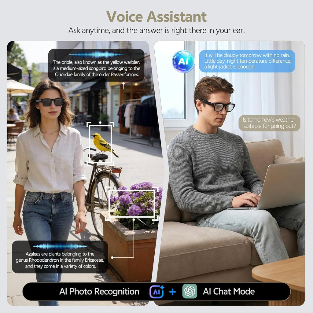 Smart Glasses with Camera and AI Voice Assistant for Men Women, 8MP Camera, 4K Video Recording, Real-Time Translation, Bluetooth 5.4 Audio Sunglasses for Calls, Music, Vlogging, Travel, Business