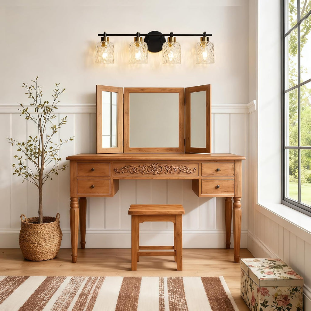 Black Bathroom Light Fixtures, 30.7" 4 Light Black and Gold Vanity Lights for Bathroom Lights with Hammered Glass, Rustic Vanity Lighting Fixtures Over Mirror