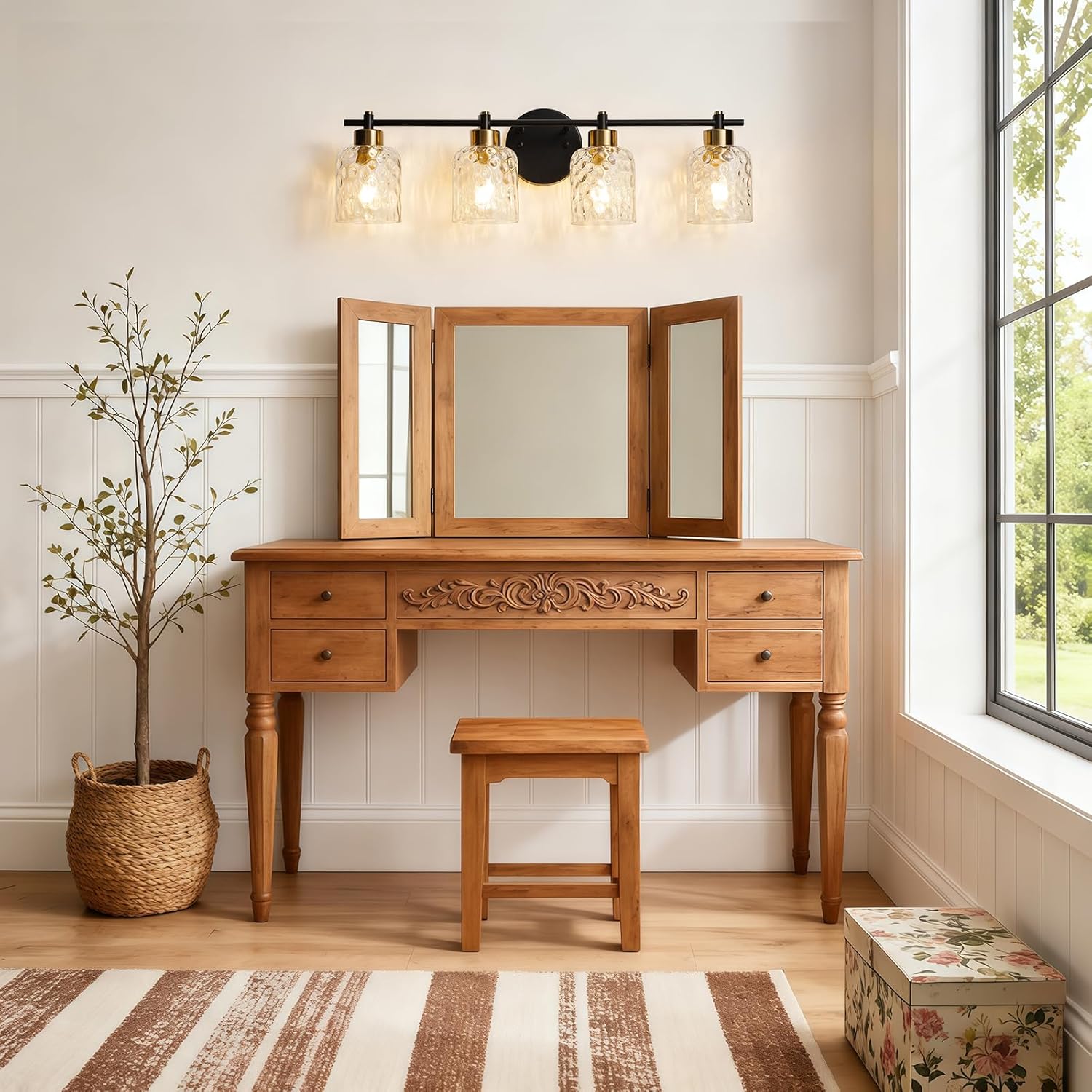 Black Bathroom Light Fixtures, 30.7" 4 Light Black and Gold Vanity Lights for Bathroom Lights with Hammered Glass, Rustic Vanity Lighting Fixtures Over Mirror