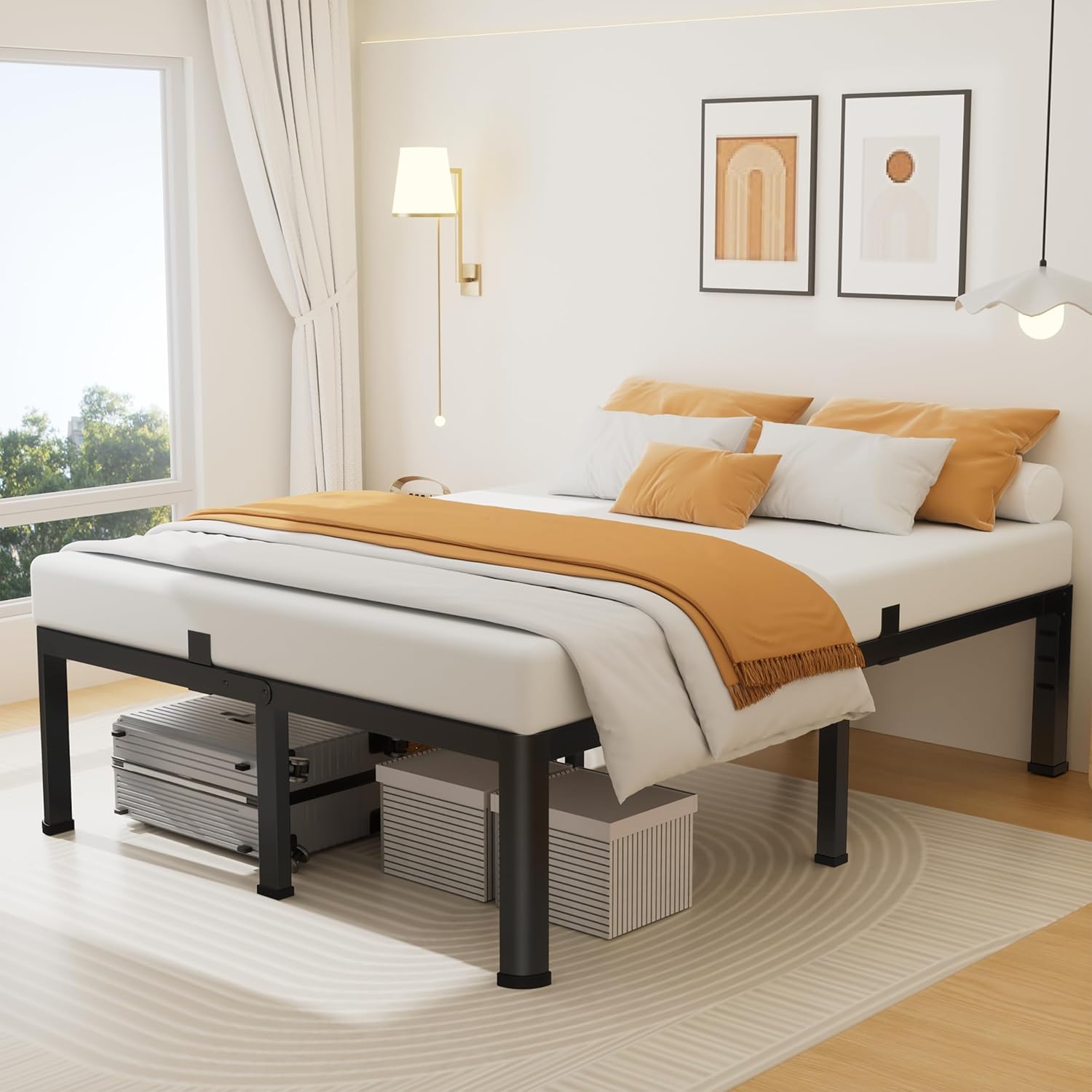 14 Inch Queen Bed Frame, Metal Platform Bed Frame with Round Corner Legs, 3500 lbs Heavy Duty Steel Slats Support, No Box Spring Needed, Noise Free, Easy Assembly, Black