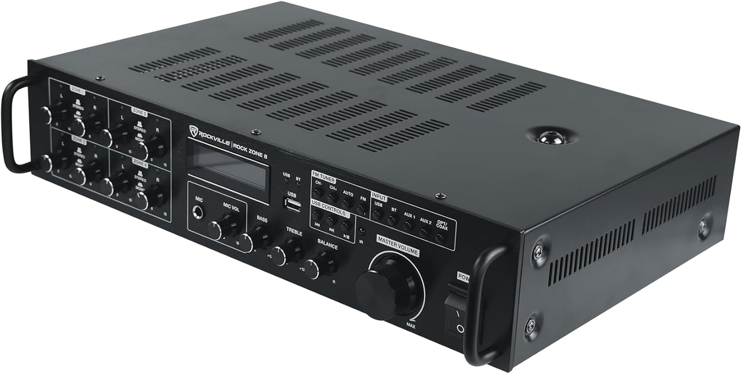 Rockville Rock Zone 8 Bundle: 8-Channel 8-Zone 1000W RMS Multi Room Receiver Amplifier, (16) HP65S-8 6.5 in 500W Peak/ 160W RMS Indoor Outdoor Swivel Home Theater Speakers 8-Ohm, 17-Items