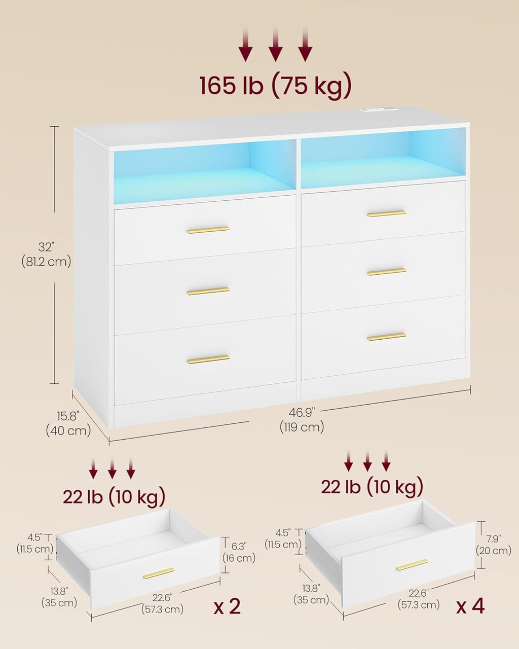 VASAGLE Custos Collection - Dresser for Bedroom, with LED Lights and Power Strip, Chest of Drawers, Modern, TV Stand for Living Room, 6 Drawers, 15.8 x 46.9 x 32 Inches, Cloud White ULTS316WB01S