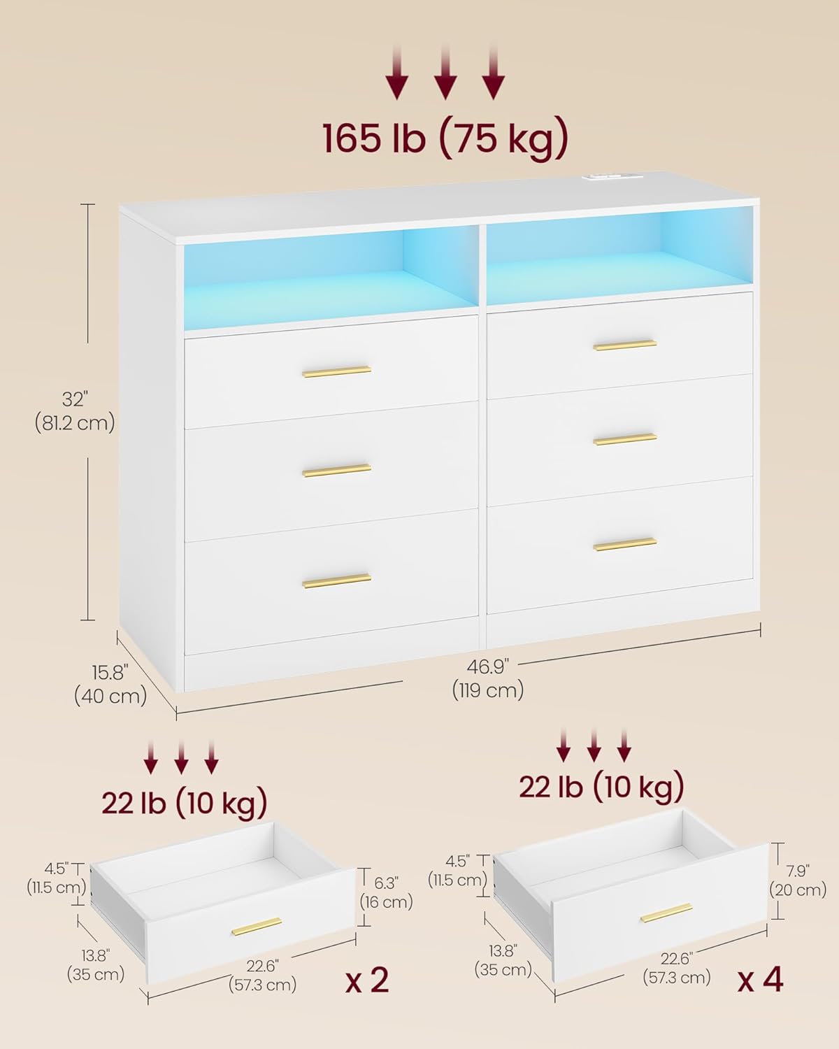 VASAGLE Custos Collection - Dresser for Bedroom, with LED Lights and Power Strip, Chest of Drawers, Modern, TV Stand for Living Room, 6 Drawers, 15.8 x 46.9 x 32 Inches, Cloud White ULTS316WB01S