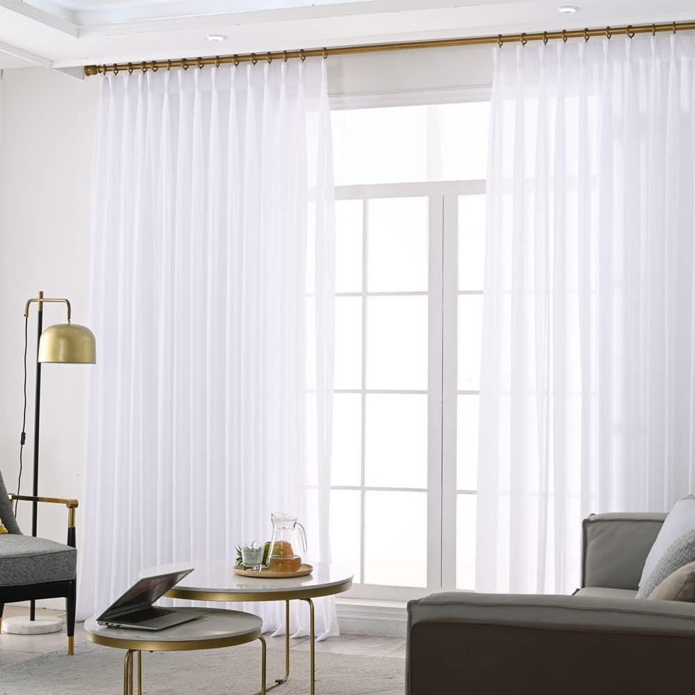 Pure White Chiffon Triple Pinched Pleats French Pleated 84 Inches Long Sheer Curtains for Living Room Window Treatment Tulle Kitchen Voile Bedroom Drapes (Pure White, 60W x 84L (2 Panels))