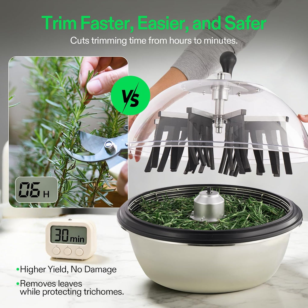 VIVOSUN 19 inch Bud Leaf Bowl Trimmer with Clear Visibility Dome, Sharp Stainless Steel Blades for Spin Cut, Solid Metal Gear Box, and Hand Pruner (Upgraded Version)