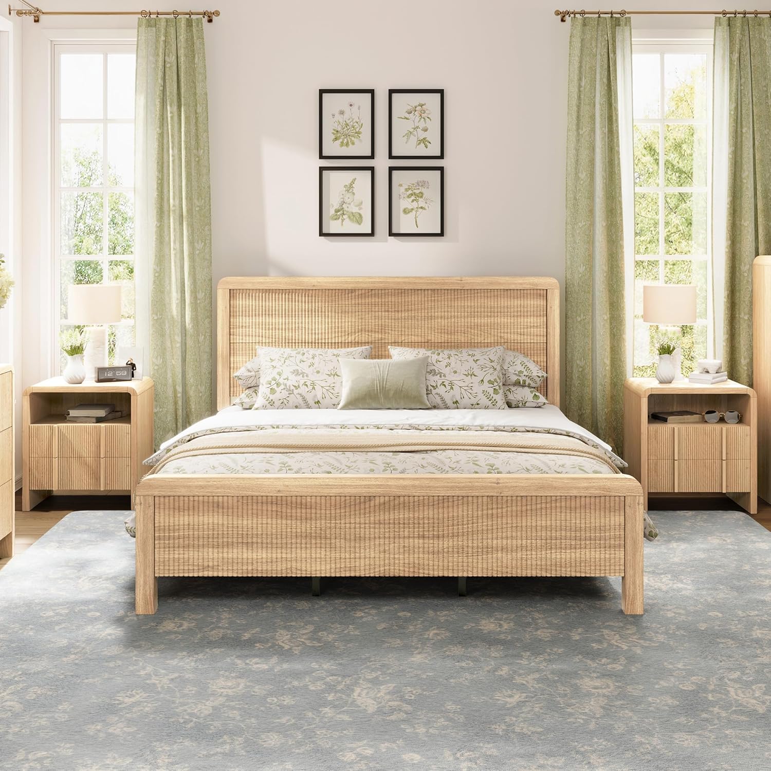 AMERLIFE 3-Piece Modern Fluted Bedroom Furniture Set, Including Wood Queen Size Bed Frame with Headboard & Footboard and Storage Night Stand Set of 2, Wooden Bedframe and Nightstand Sets, Natural Oak