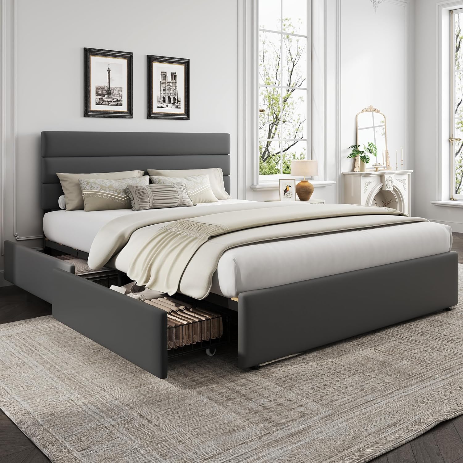 WLIVE Queen Size Upholstered Bed Frame with 4 Storage Drawers and Headboard, Velvet Platform Bedframe, Sturdy Metal & Wooden Slats Support, No Box Spring Needed, Easy Assembly, Dark Grey