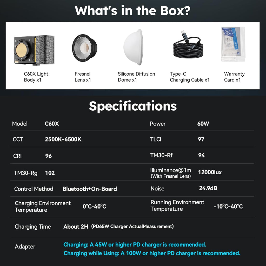 SIRUI C60X 60W Portable Photography Light, Ultra-Quiet 24.9dB & 0.53KG Compact Design, 2H Fast Charging, 13,000 Lux High Output, Bluetooth Control for Studio/Outdoor Video Lighting