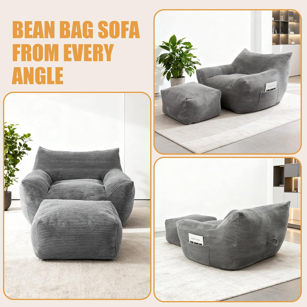 Oversized Bean Bag Chair with Ottoman, Bean Bag Couch with 2 Side Pockets, Corduroy Boneless Couch Chair in a Box, Comfy Lounge Chair for Living Room, Bedroom, Dorm, Gray