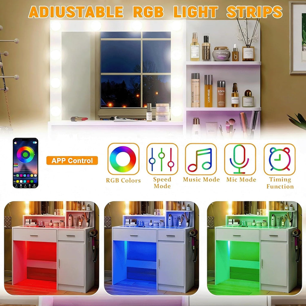 White Vanity Desk with Mirror and Lights, Vanitys with Glass Top & Power Outlet, Dressing Table with 36 Lighting Modes Brightness Adjustable RGB Drawers, for Women Girls Bedroom (White)
