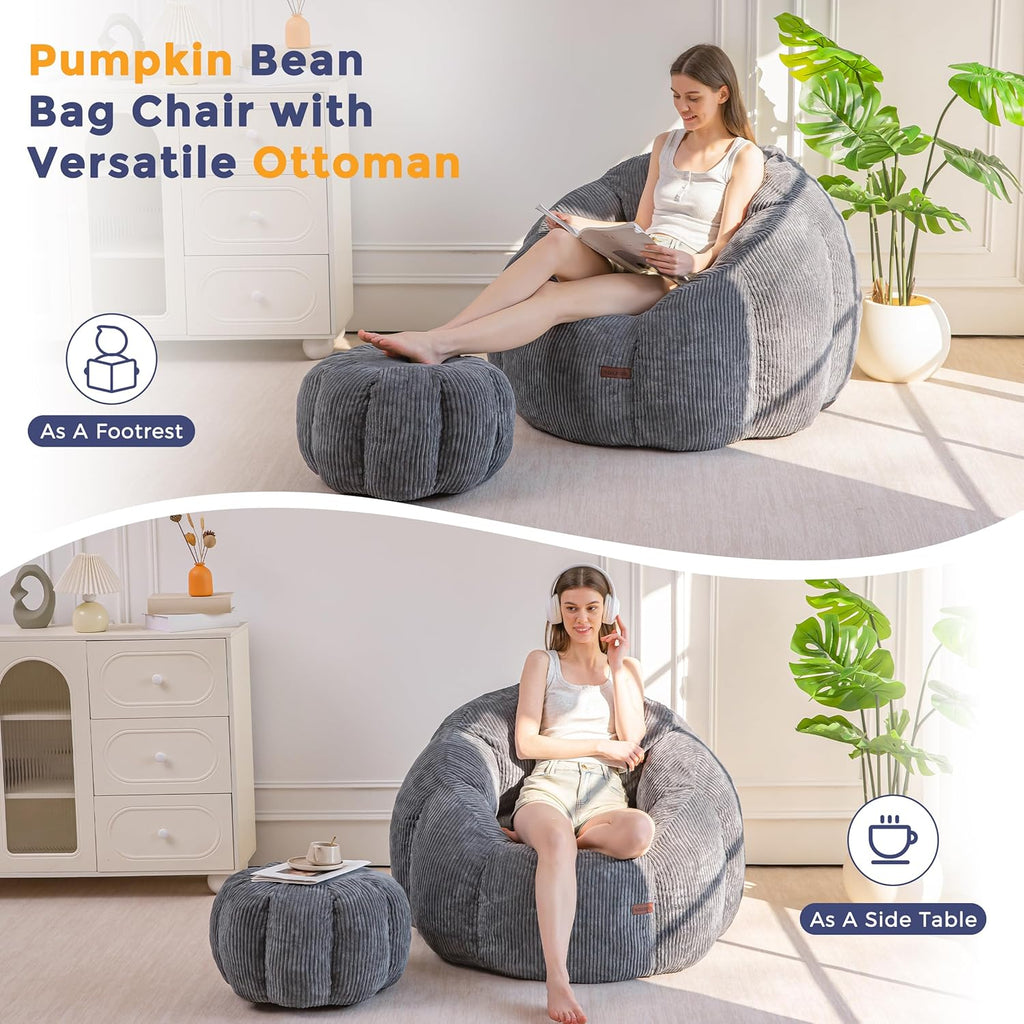 MAXYOYO Giant Bean Bag Chair with Ottoman, Pumpkin-Shaped Bean Bag Sofa with Footstool, Oversized Boneless Couch Chair in a Box, Comfy and Lazy Lounge for Dorm, Living Room, Bedroom, Dark Grey