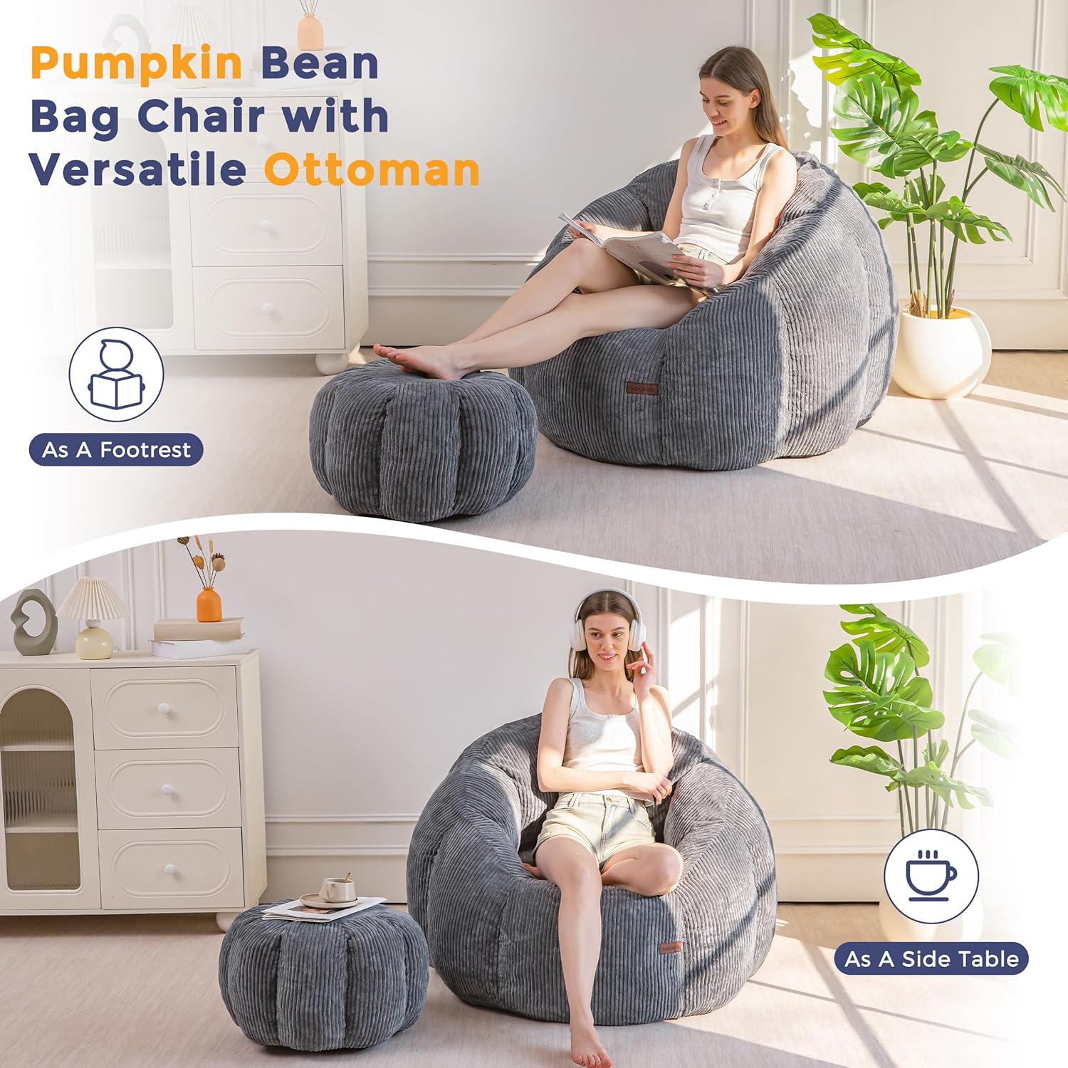 MAXYOYO Giant Bean Bag Chair with Ottoman, Pumpkin-Shaped Bean Bag Sofa with Footstool, Oversized Boneless Couch Chair in a Box, Comfy and Lazy Lounge for Dorm, Living Room, Bedroom, Dark Grey