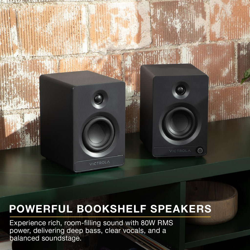 Victrola Tempo – Bluetooth Bookshelf Speakers – Room-Filling Sound, Bluetooth Input, Multi-Speaker Streaming Using Auracast, USB-C Computer Input, Turntable Inputs, Subwoofer Output (Pair, White)