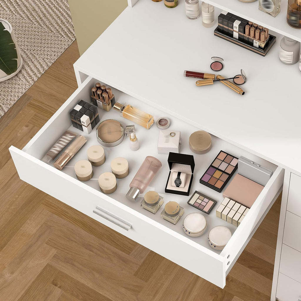Quimoo Vanity Desk with Mirror & Lights, Makeup Vanity with 5 Drawers & Storage Shelves, White Vanity Table, 3 Color Modes & Adjustable Brightness, Dressing Table, Bedroom