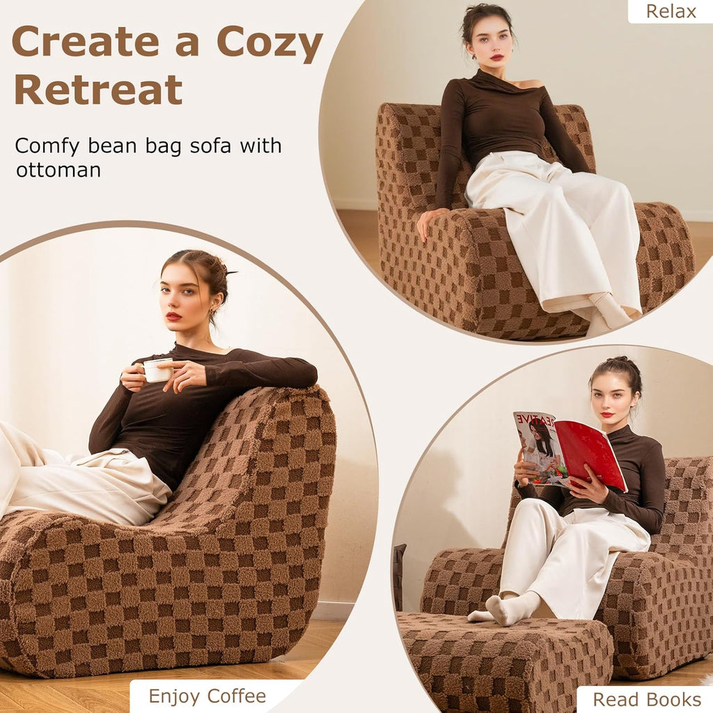 Giantex Bean Bag Chair with Ottoman, Comfy Lazy Sofa Chair with One-Piece Foam Filling, Washable Teddy Fleece Cover, Non-Slip Bottom, Floor Beanbag Sofa Bed with Footstool for for Living Room (Brown)