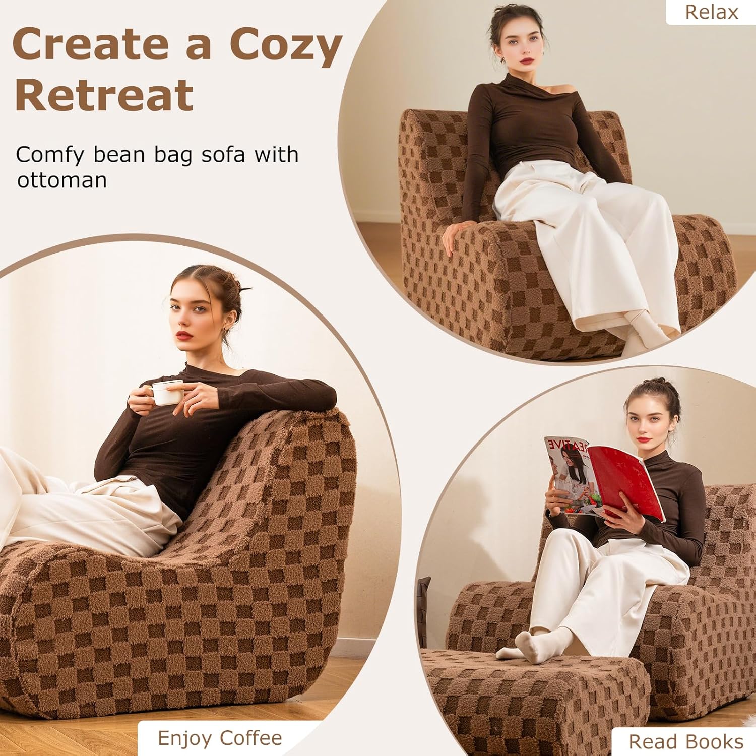 Giantex Bean Bag Chair with Ottoman, Comfy Lazy Sofa Chair with One-Piece Foam Filling, Washable Teddy Fleece Cover, Non-Slip Bottom, Floor Beanbag Sofa Bed with Footstool for for Living Room (Brown)