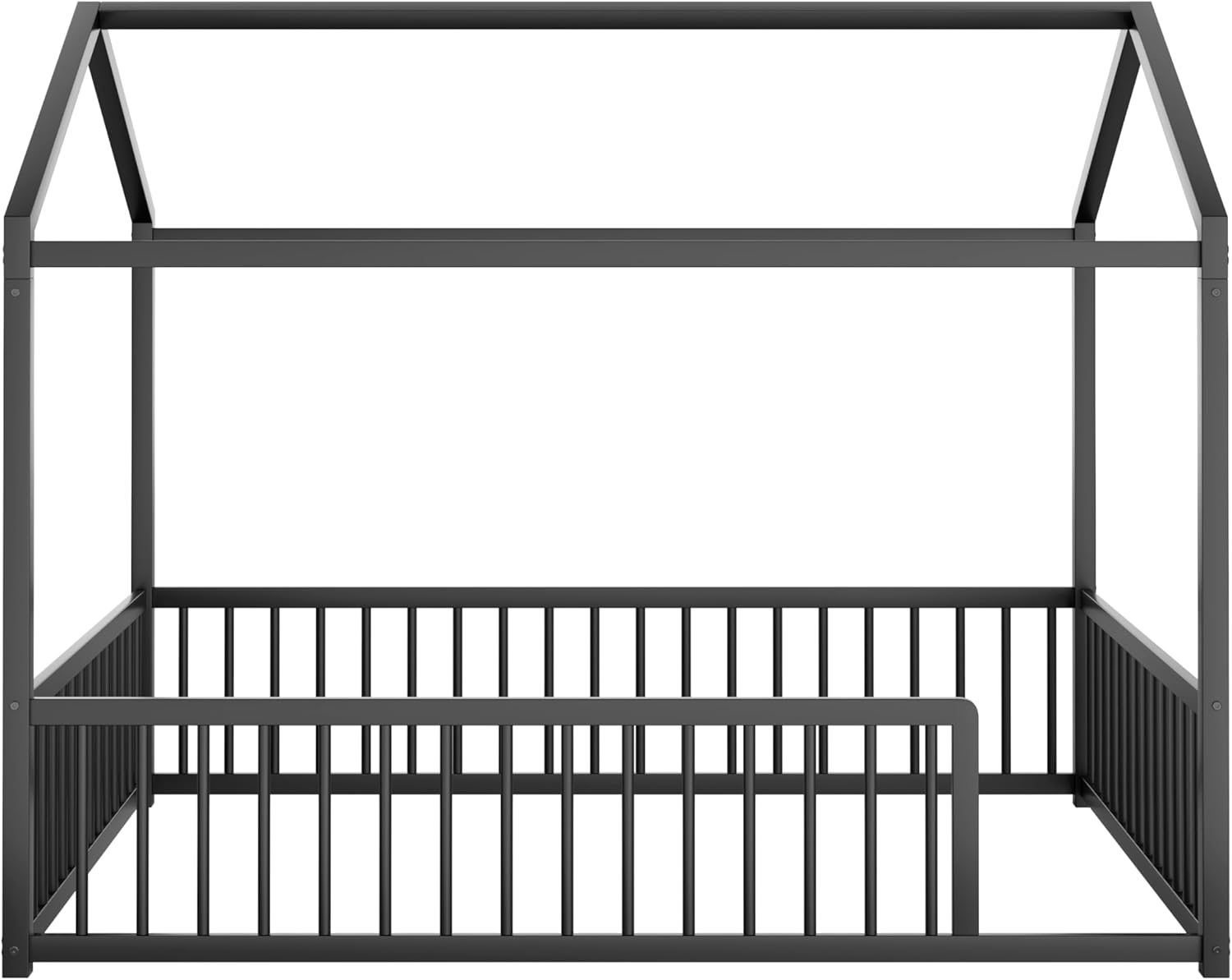 House Shape Full Size Montessori House Bed Metal Floor Bed Full Bedframe No Box Spring Needed, Black
