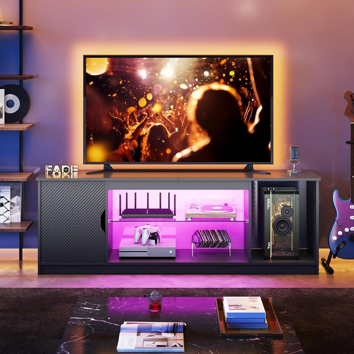 Bestier 57" LED TV Stand for 55/60/65 Inch TVs - Gaming Entertainment Center with RGB Lights, Adjustable Glass Shelves & Cabinet for PS5/Xbox, Modern Black TV Console for Living Room