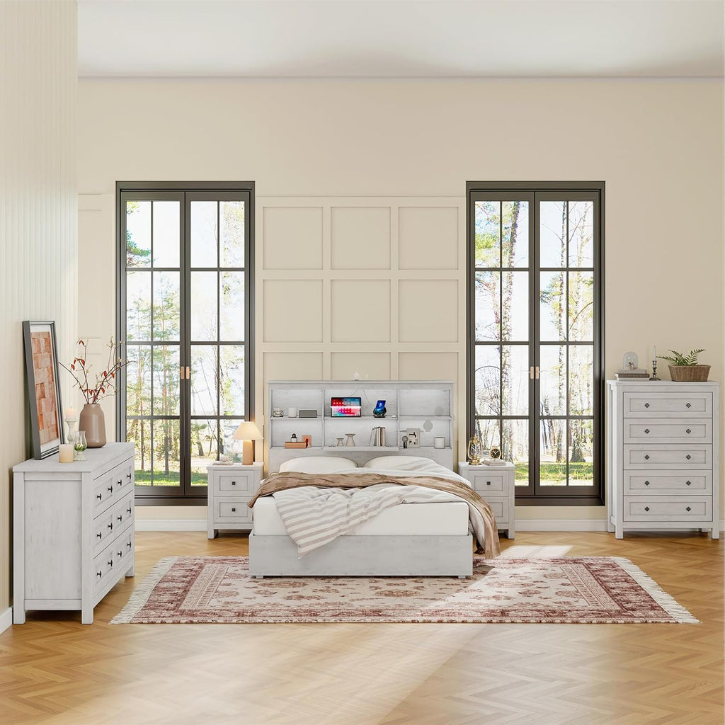 LUXOAK 4 Pieces Farmhouse Bedroom Set, 1 X Wood Rustic 6 Drawer Storage Dresser, 1 X 5 Drawer Dresser, Nightstand Set of 2 with Charging Station, Farmhouse Bedroom Furniture Set, Rustic White
